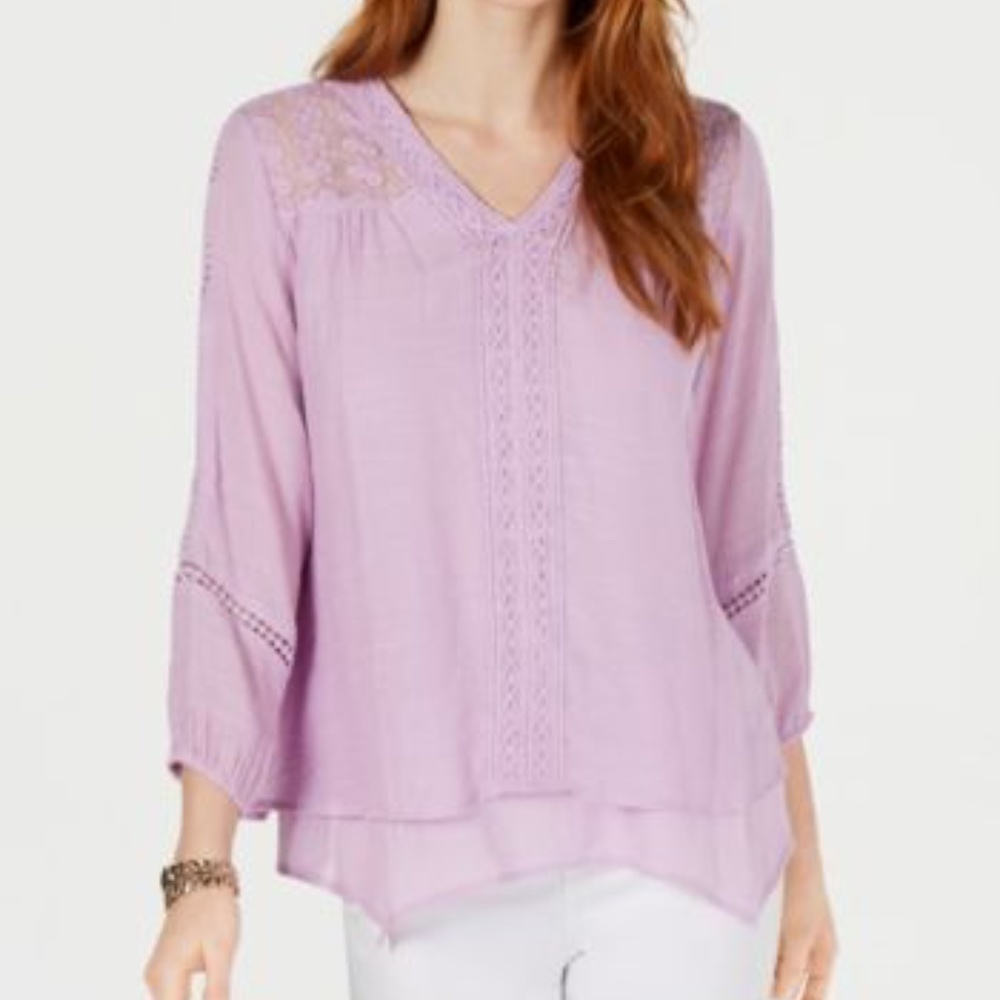 Style&Co Woman Lace-Yoke Handkerchief-Hem Top (M)